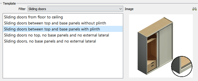 Sliding doors between top and base panels with plinth