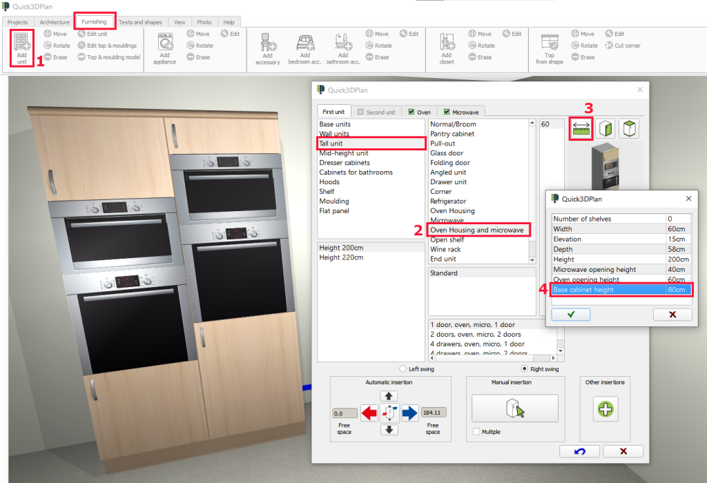 “Tall cabinets” → “Oven and Microwave”