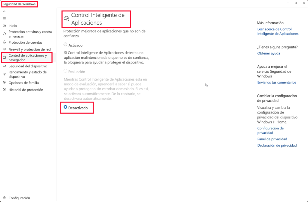 Desactivar el 'Control Inteligente de Aplicaciones'.