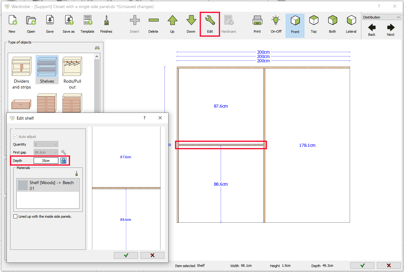 Edit Shelf depth