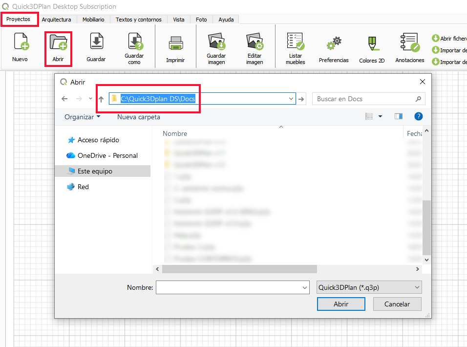 Ruta para guardar los proyectos en Quick3DPlan
