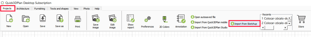 “Projects → Import from SketchUp”