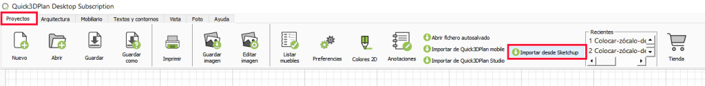 “Proyectos → Importar desde SketchUp”