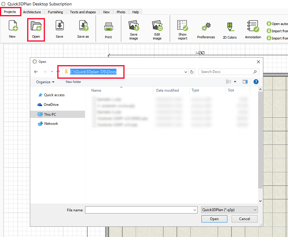 Path to save projects in Quick3DPlan